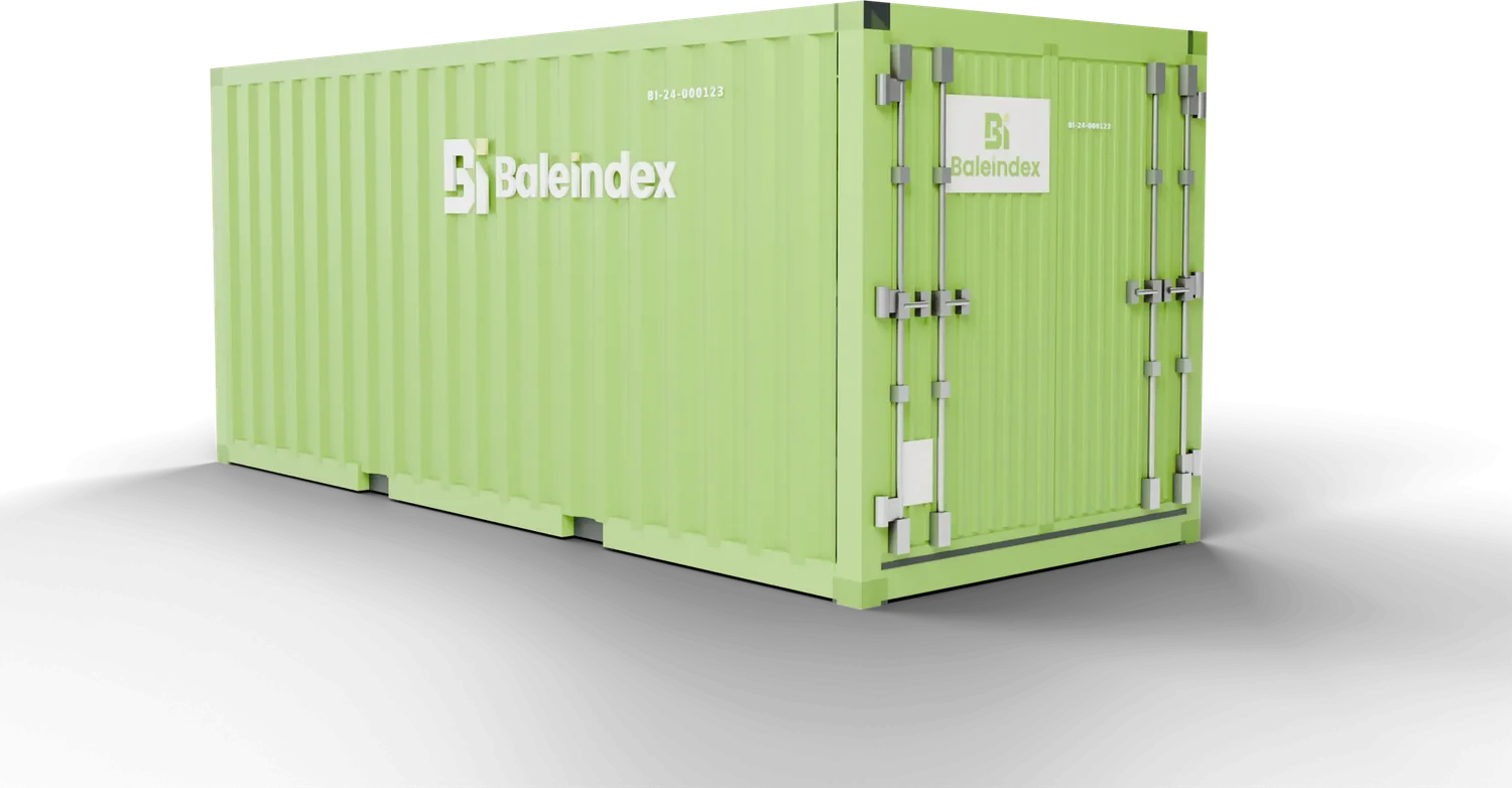 A Bale Index shipping container marked with shipment ID BI-24-000123