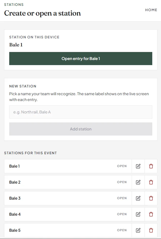 The volunteer station screen for opening a bale station and recording entries