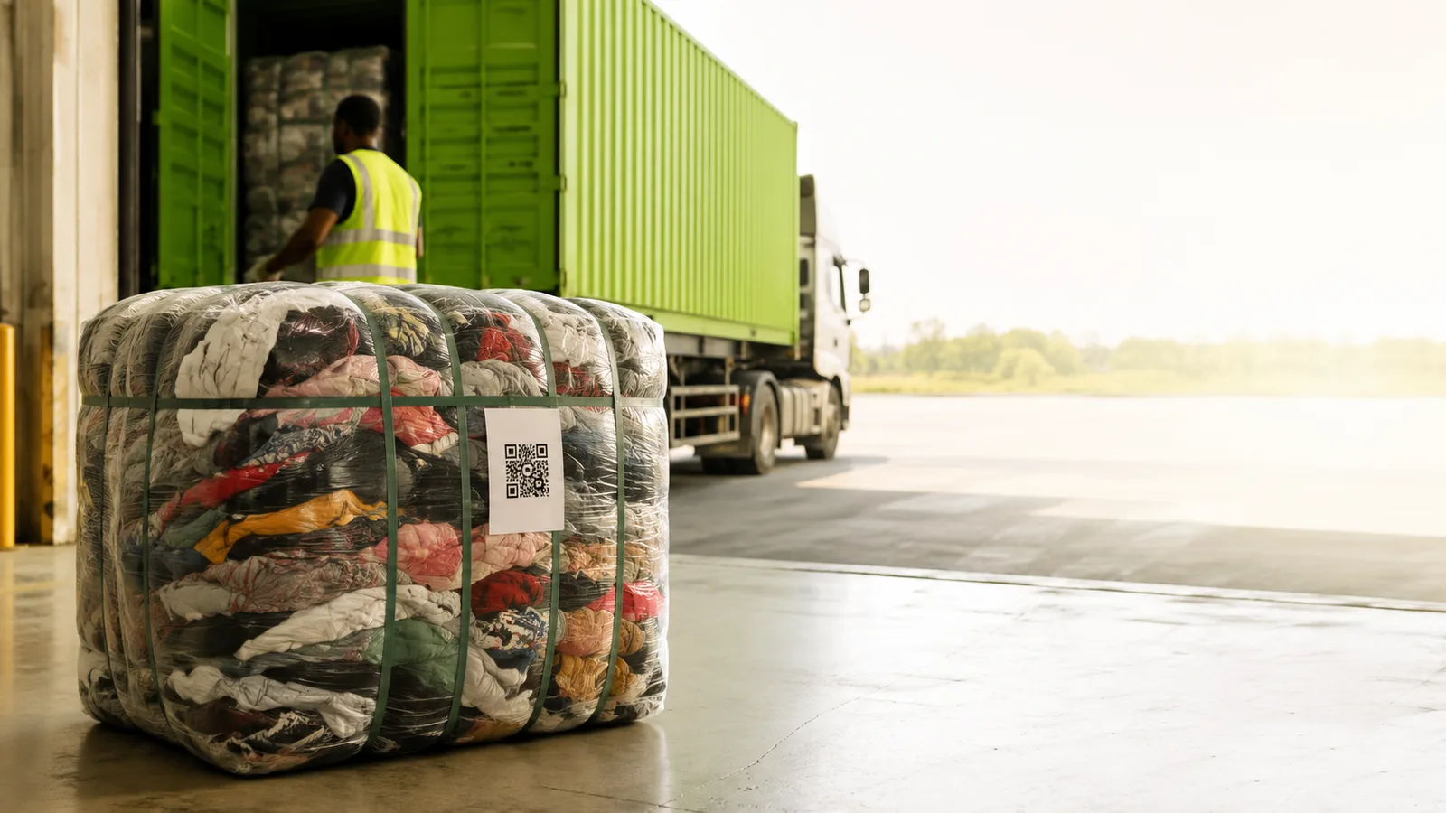 A labelled textile bale on a warehouse dock in front of a Bale Index container and truck