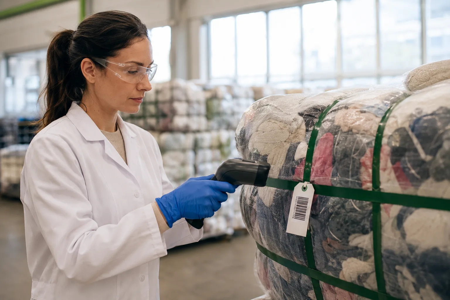 A laboratory technician scanning the label on a textile bale