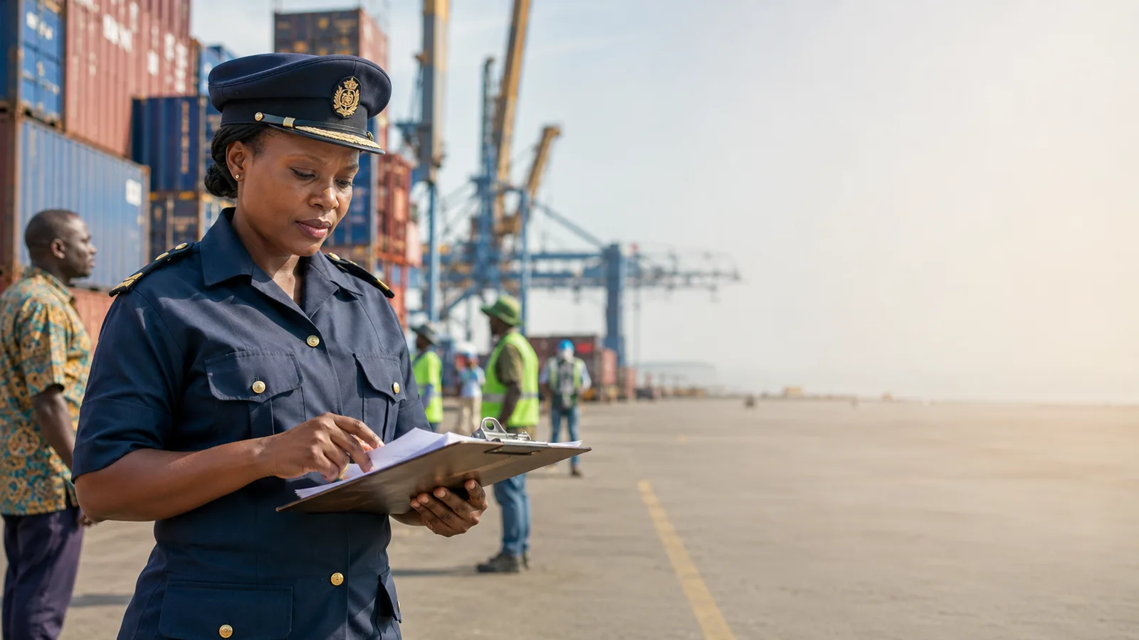 A customs officer reviewing documents at a container port