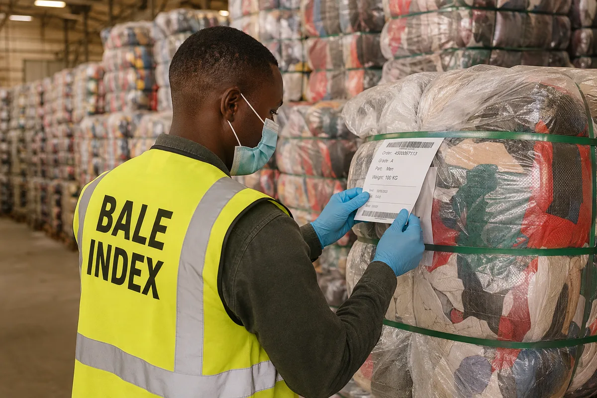 A Bale Index worker inspecting the label on a wrapped textile bale