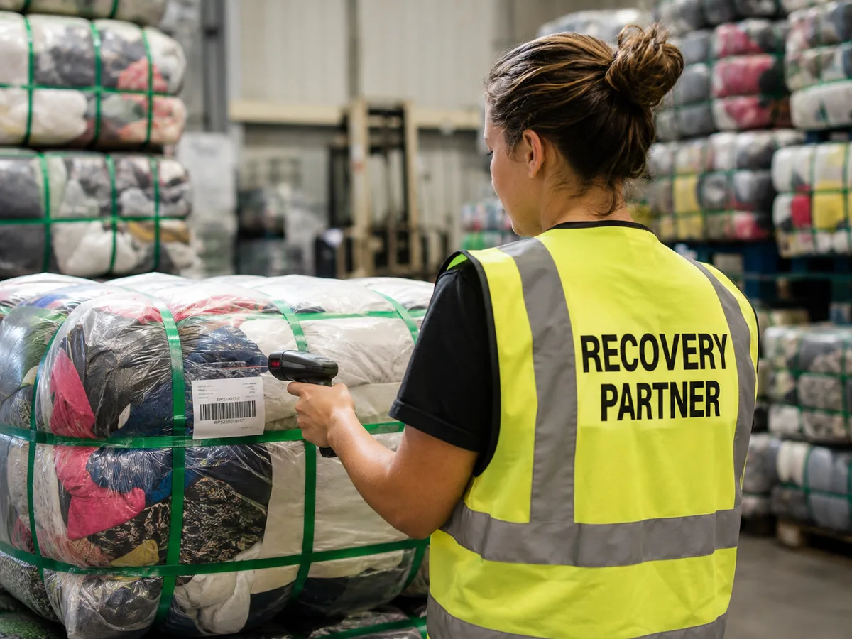 A recovery partner scanning a labelled bale
