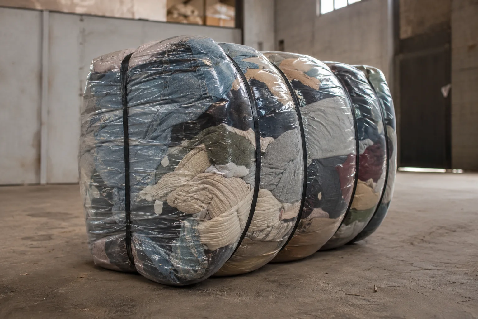A compressed bale of mixed second-hand clothing, tightly wrapped in plastic and bound with straps, on a warehouse floor