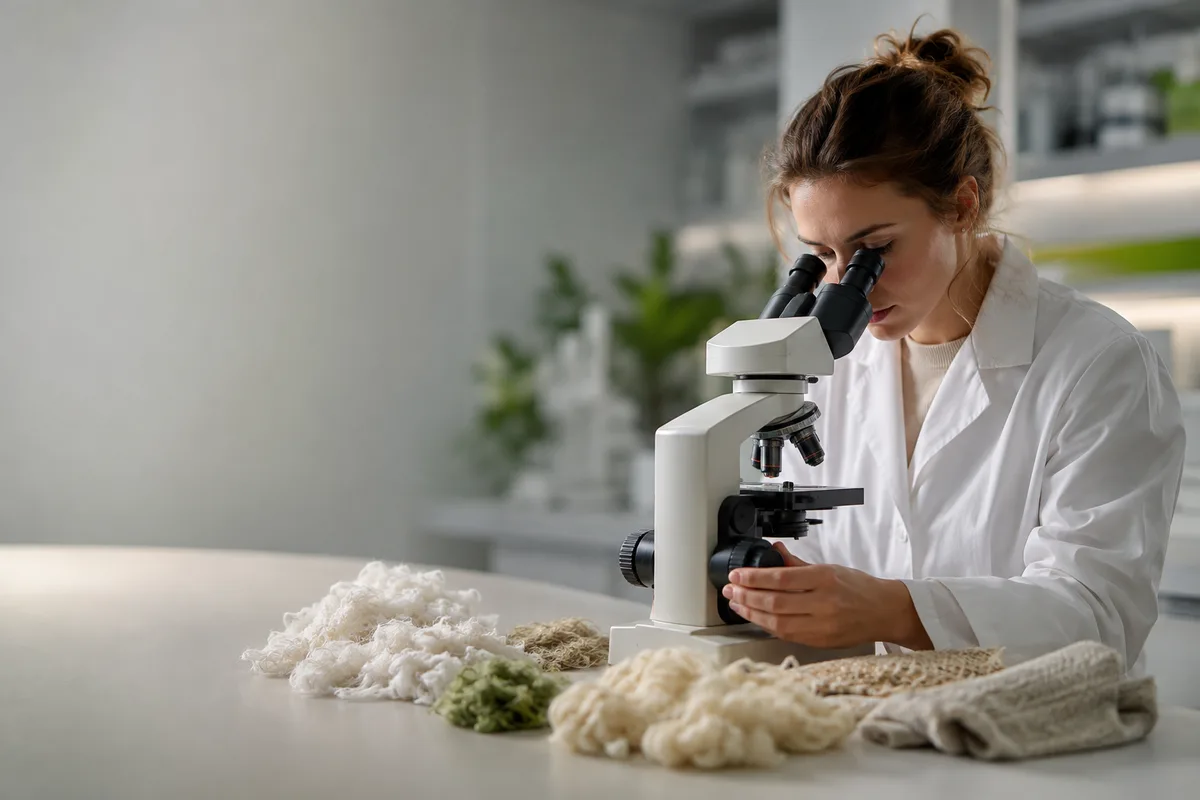 A scientist examining textile fibre samples under a microscope