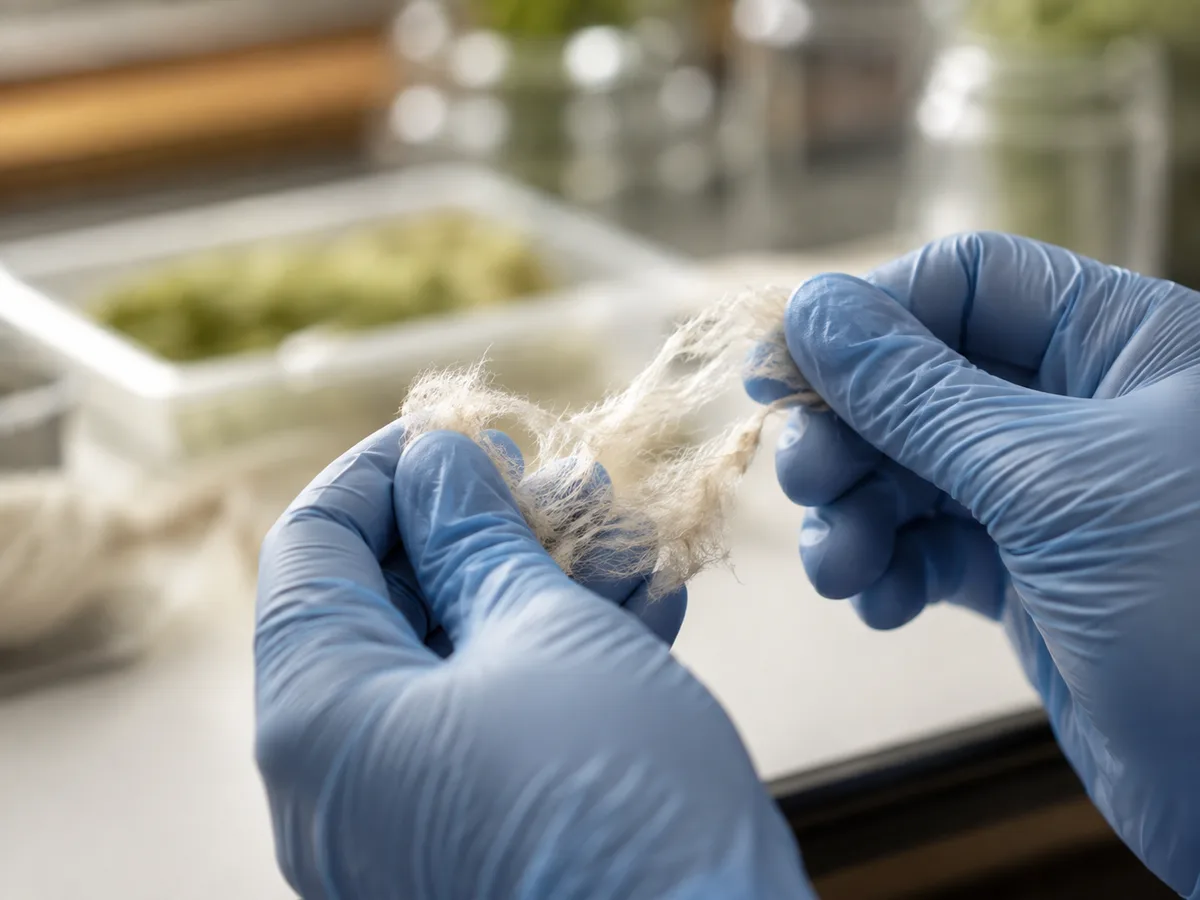 Gloved hands inspecting textile fibre