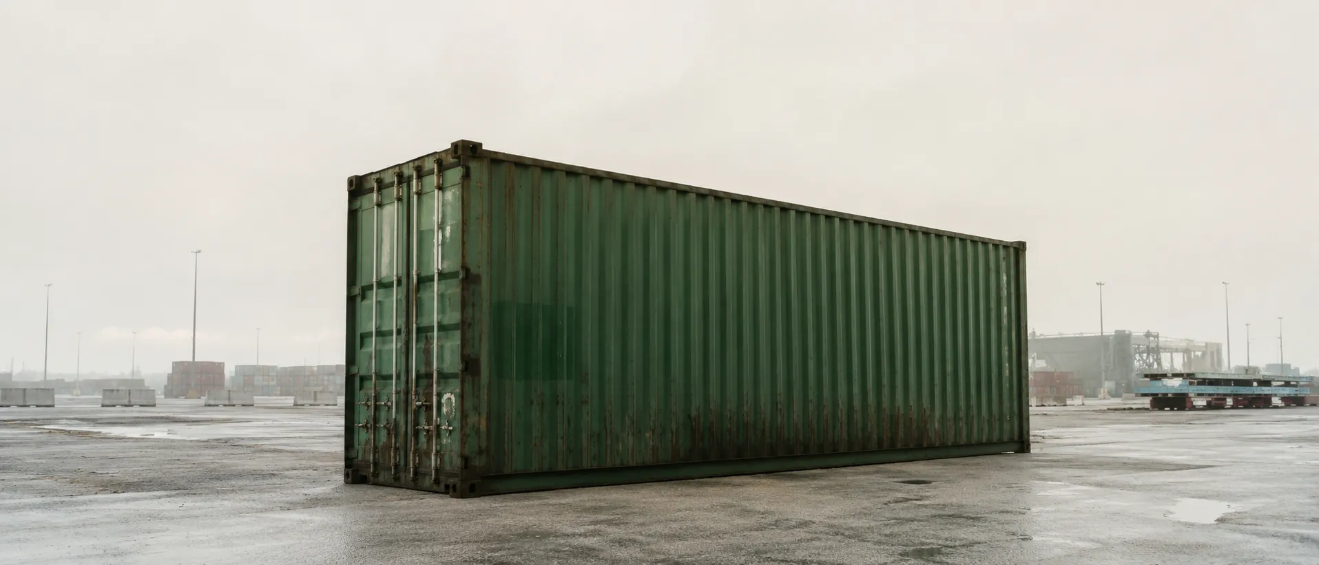 A weathered green shipping container standing in a quiet freight yard under an overcast sky