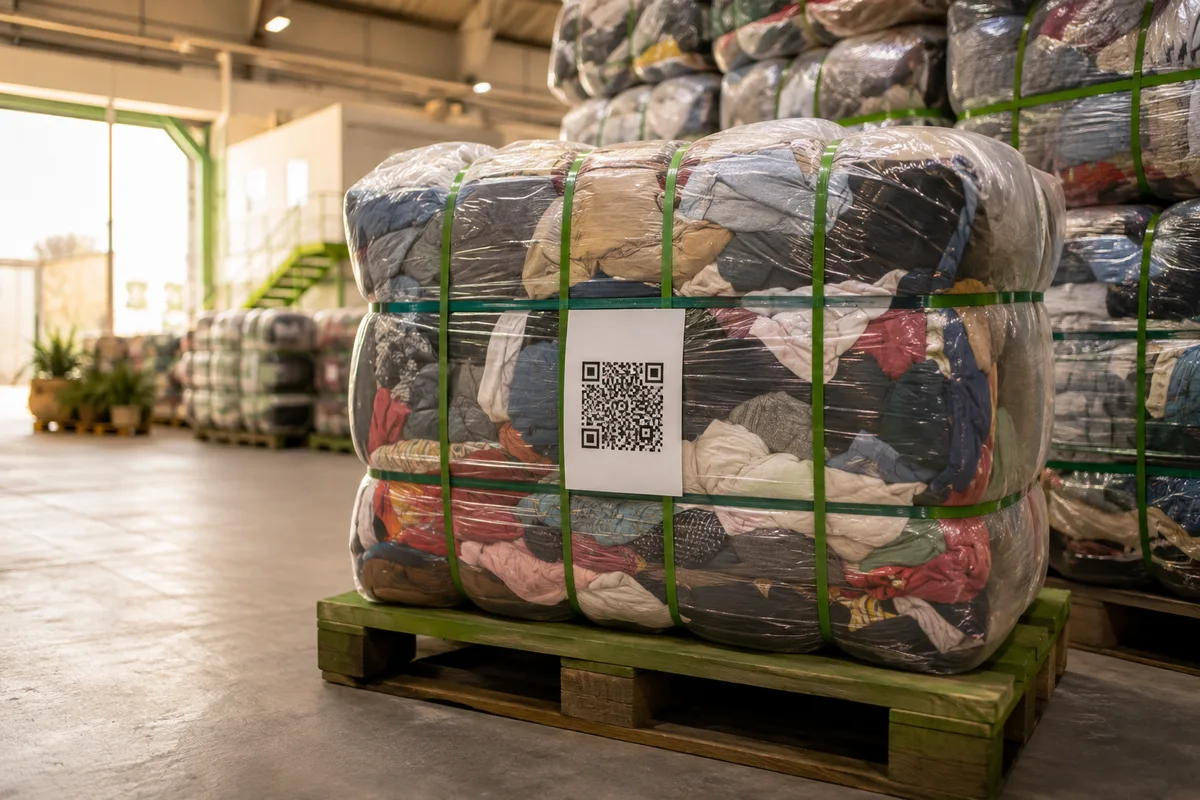 Stacked textile bales in a warehouse