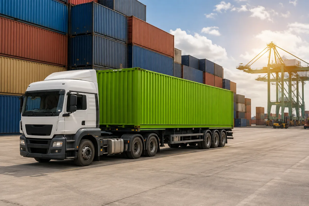 A truck beside shipping containers