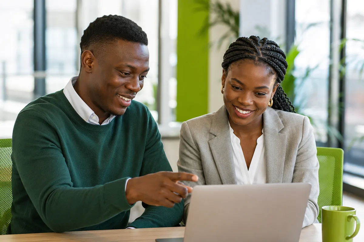 Two colleagues onboarding at a laptop
