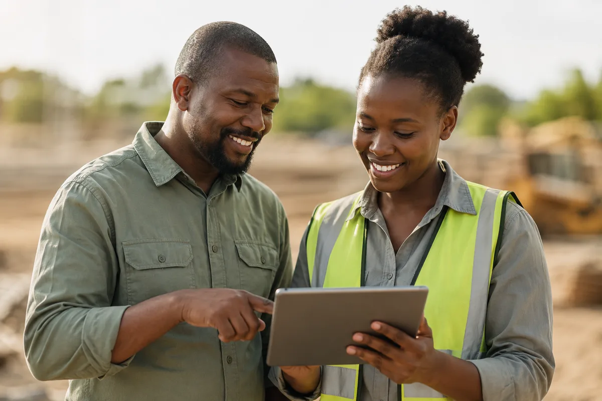 Two colleagues reviewing data on a tablet at a working site