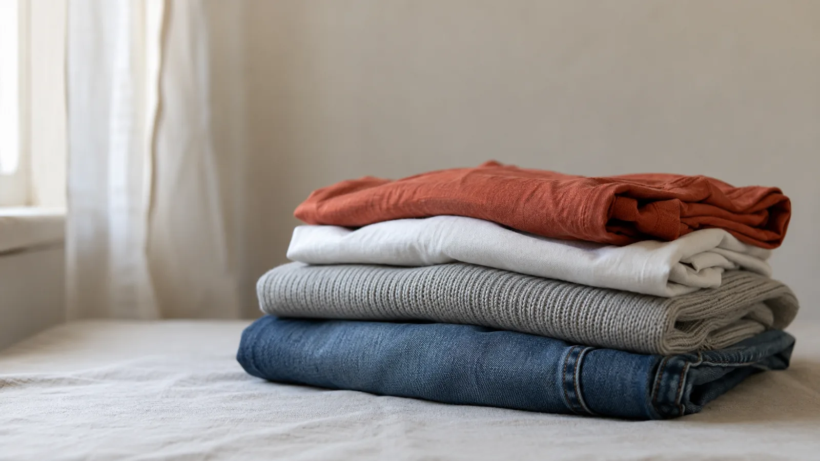 A neat stack of folded second-hand clothes: a terracotta tee, a white cotton shirt, a grey knit jumper and indigo jeans